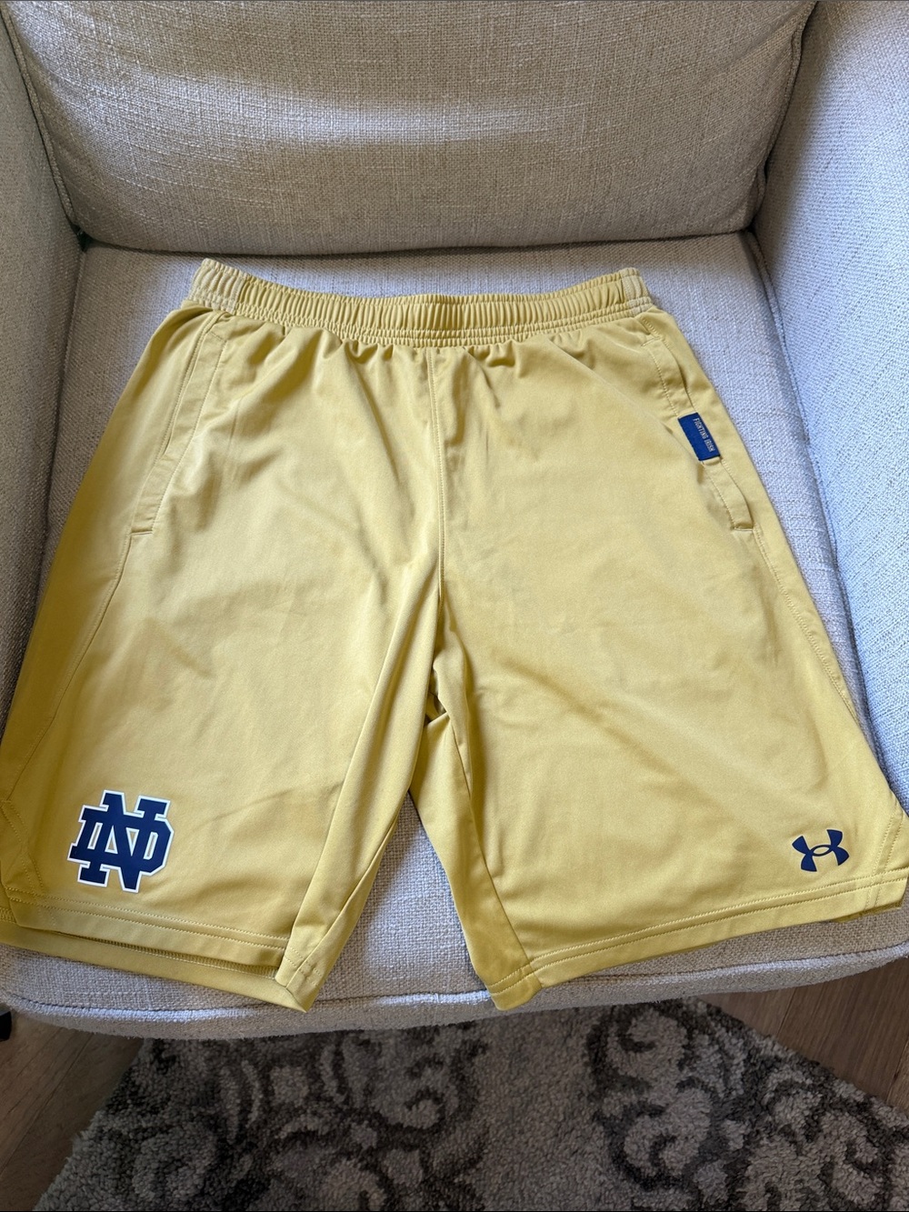 Under Armour Men’s Gold Athletic Shorts with Navy Logos